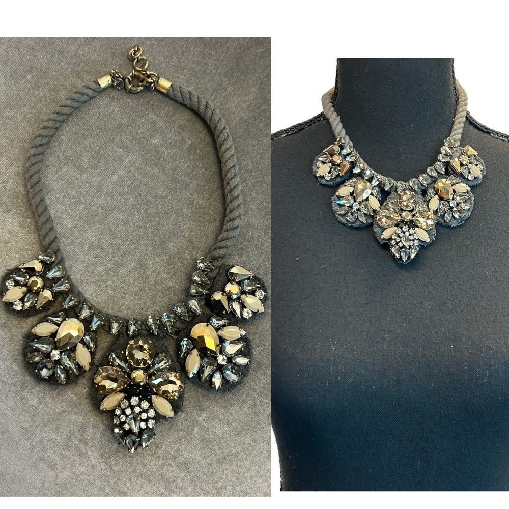J.Crew Faceted Rhinestone Crystal Rope Bib Statement Necklace Amber gray silver